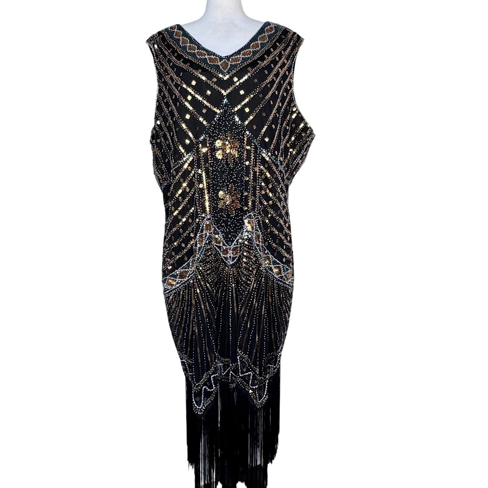 BABEYOND NWT Women's 5XL Black Gold Sequin Beaded Fringe Flapper Dress Costume